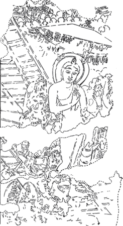 බුදුරදුන් තුසිත දෙව්ලොව සිට සංකස්සපුරයට වැඩම කිරීම තිවංක පිළිමගෙයි බිතුසිතුවම (සිතුවම උපුටාගැනීම, තිවංක පිළිමගෙයි බිතුසිතුවම් ග්රන්ථයෙනි)